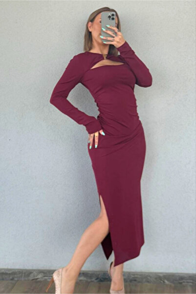 Fav Style Women's Cut Out Detailed Long Sleeve Slit Long Dress Plum