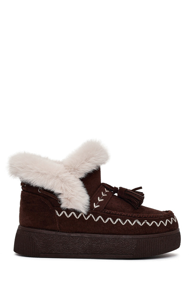 Derimod Women's Brown Thick Soled Tasseled Suede Teddy Boots 25Wfe402510