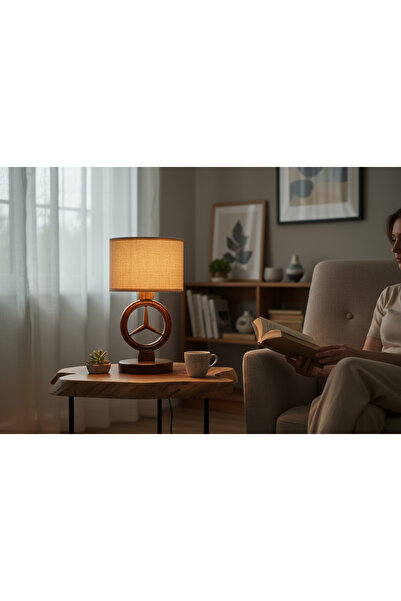 wood mix مصباح طاولة خشبي مستوحى من مرسيدس مع غطاء من الكتان