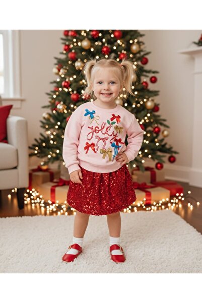 Pinkitokids Set pentru fetiță cu detaliu de fundă colorată în 3D Swea tricou și fustă cu paiete