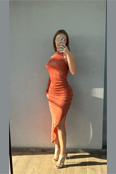 Fav Style Women's One Sleeve Skirt Asymmetrical Midi Glitter Dress Cinnamon