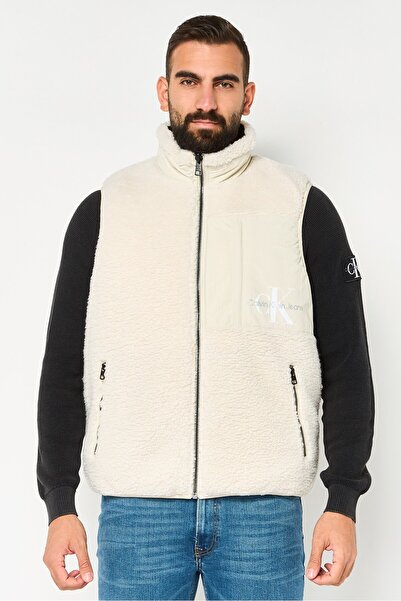 Calvin Klein Jeans Men Brand Logo Sherpa Vest Jacket, Beige
