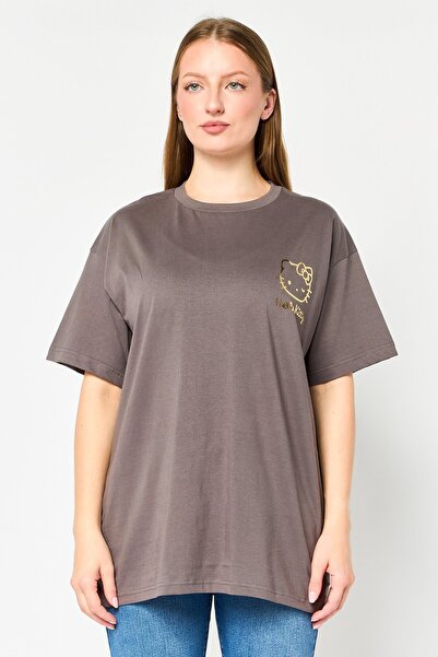 SANRIO Hello Kitty x Saniro Women Crew Neck Short Sleeve Graphic Print T-Shirt, Grey