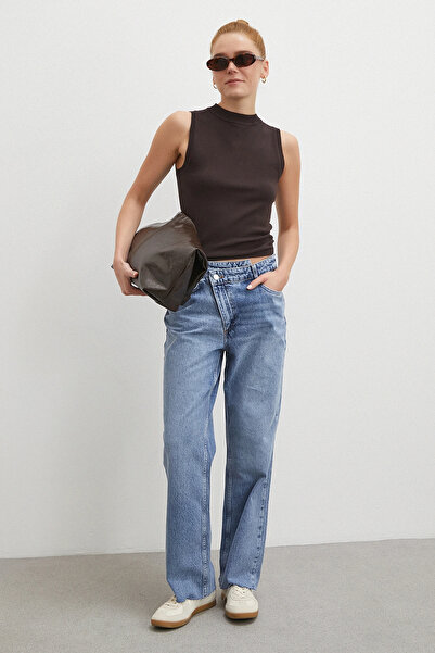 Never more Cross Zippered Raw Hem Button Jean Blue