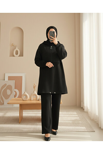 Modamorfo Half Zipper, Glitter Detailed Hooded Three Thread Set - Black