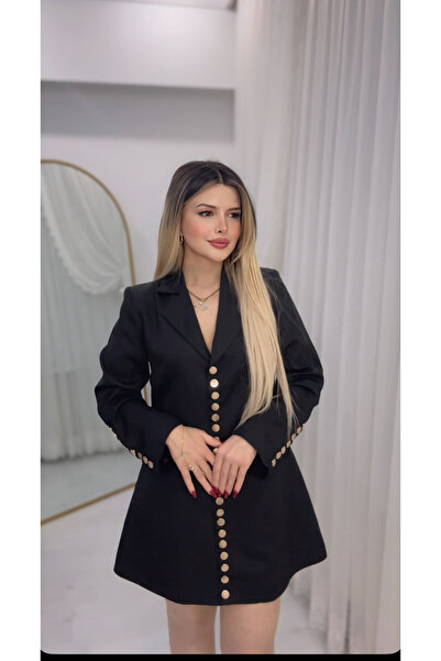 DENİZ Gold Çıt Çıt Detaylı Tasarım Uzun Blazer Ceket Elbise