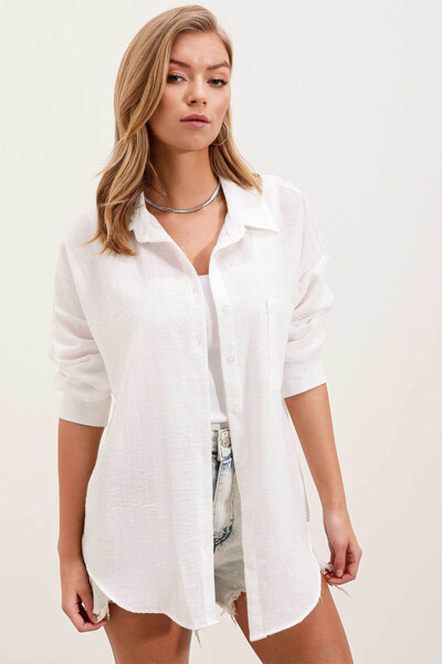 Bigdart Single Pocket Oversize Linen White Women's Shirt 20153