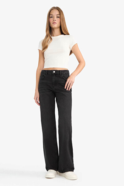 DeFacto 100 % Baumwolle, gerade geschnittene, weite Jeanshose mit hoher Taill...