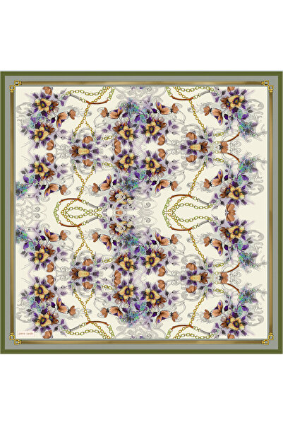 Pierre Cardin Yeşil Çiçek Desenli 90X90 İpek Krep Saten Eşarp