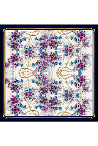 Pierre Cardin Navy Blue Floral Patterned 90X90 Silk Crepe Satin Scarf