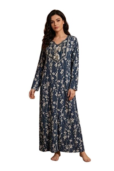 Comfort Navy Blue Floral Embroidered Jalabiya – Full-Length Comfortable Daily Wear Kaftan