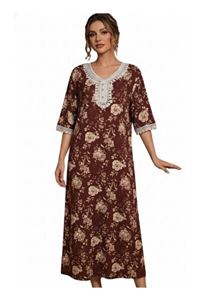Comfort Maroon Floral Jalabiya with White Lace Neck – Lightweight Full-Length Home Dress