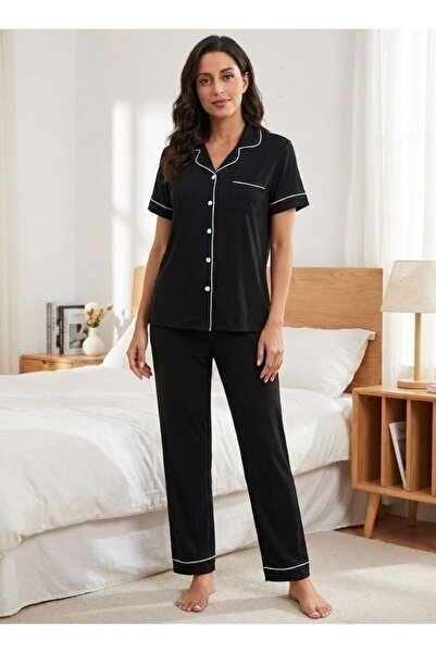 Comfort Women’s Soft Pajama Set – Breathable Stretch Fabric, Short Sleeve Top & Full-Length Pants