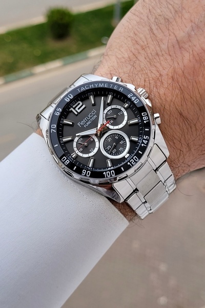 Ferrucci ساعة يد رجالية نشطة بقطر 44 ملم مع مؤشرات وحزام أسود قابل للتعديل بل...