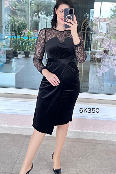 İnce Topuk Dantel Detaylı Kadife Elbise 6k350