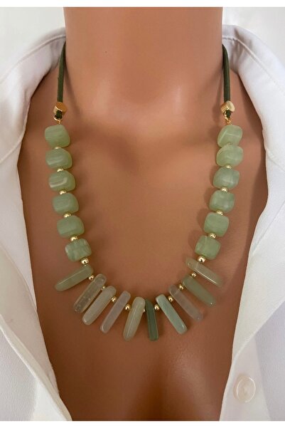 TARZ-I TAKI Natural Stone Square Cut Green Agate Nubuck Leather Rope Detail S...