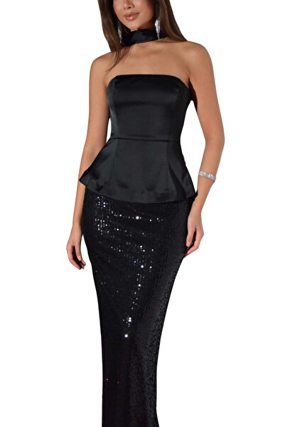 Arden Black Strapless Satin Evening Dress |   Long Evening Dress with Sequined Skirt |   Graduation, Wedding |   36–42