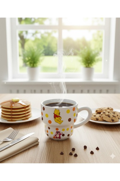 Generic White graduated ceramic mug with a Winnie the Pooh, Lotso, and colorful circles print