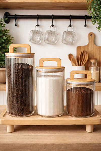 Durina Living Standlı 3’lü Bambu Kapaklı 1300-900-750ml Bakliyat Çay Şeker Tu...