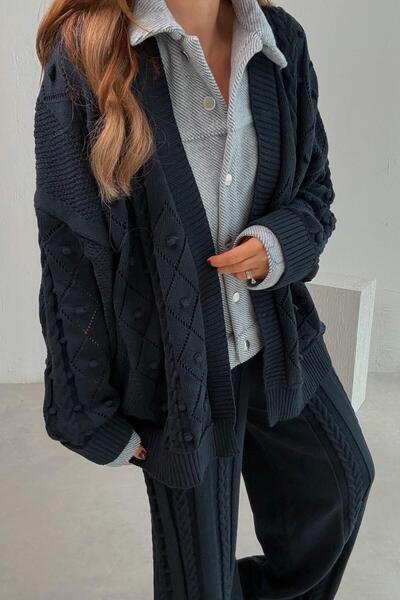 ELVAN TOLON Lacivert Gömlek Detaylı Triko Ceket Pantolon Takım