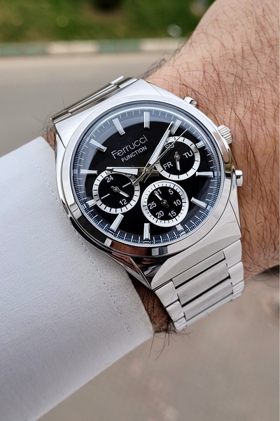 Ferrucci ساعة يد رجالية وظيفية بقطر 42 ملم مع حزام أسود وحزام قابل للتعديل بل...