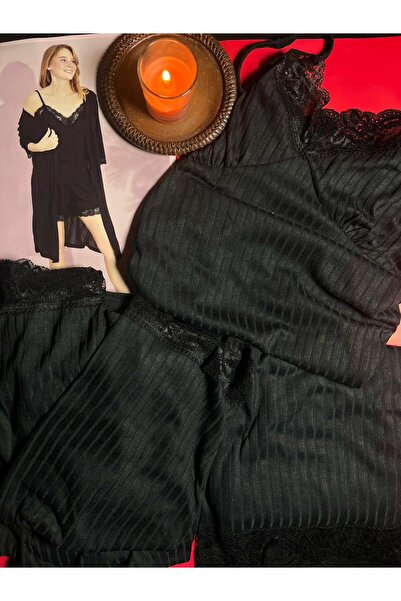 Marka 3 lü șortlu pijama takımı modalove siyah