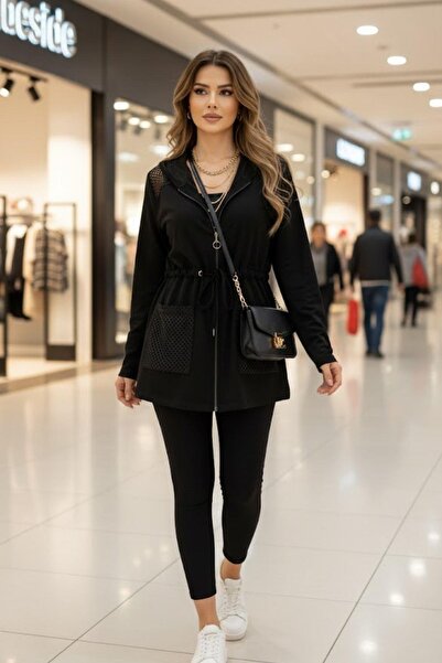 Mossta Zippered Modal Jacket with Hooded Pockets with Mesh Detail - Black