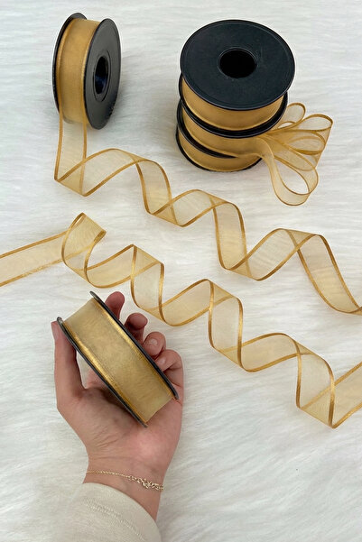 ZEYMERADE Gold Şifon Kurdele 2,5 cm 20 mt, Gelin, Damat, Bohça, Nişan, Çeyiz, Özel Gün, Hediye, Düğün, Süsü