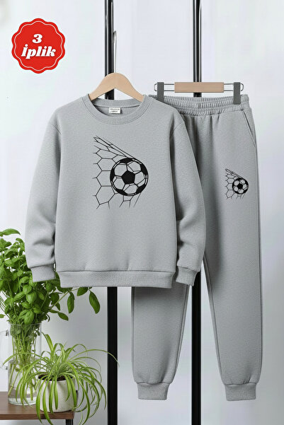 FYK KİDS 3-Ply Thick Round Neck Football Mesh Print Detail Winter Boys Tracksuit Set