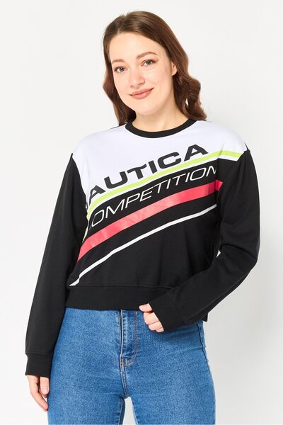 Nautica Women Crew Neck Graphic Print Long Sleeve Sweatshirt, Black