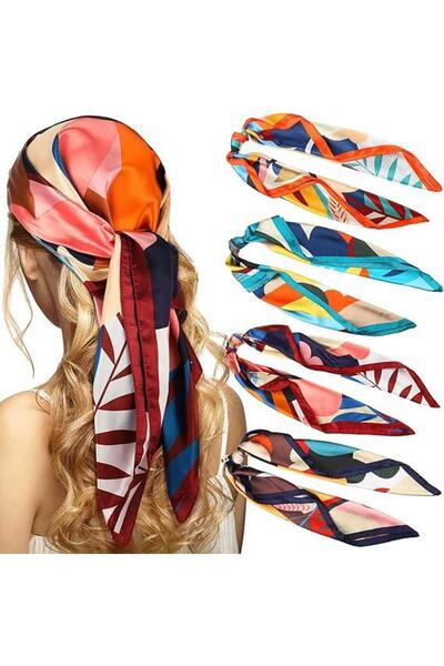 Arabest 4 Pcs 35'' Large Square Satin Hair Scarf,Silk Like Floral Satin Head Wrap Flower Hair Bandana