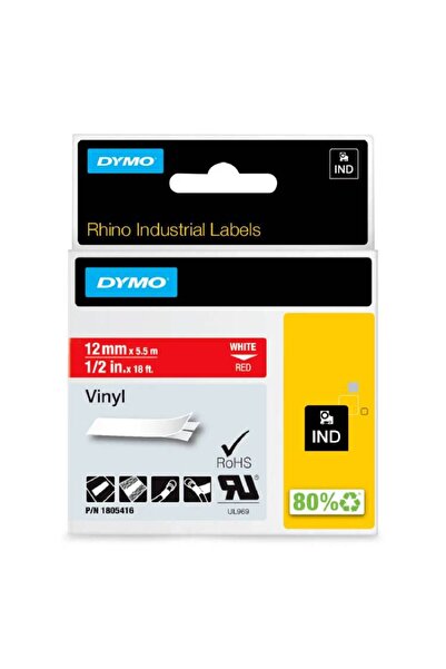 Dymo Industrial Vinyl Labels 12MM – Durable & Reliable, White on Red (Part 1805416)