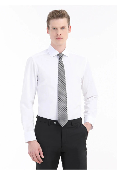 Ramsey Бяла обикновена риза с класическа плетена памучна смес, стандартна кройка