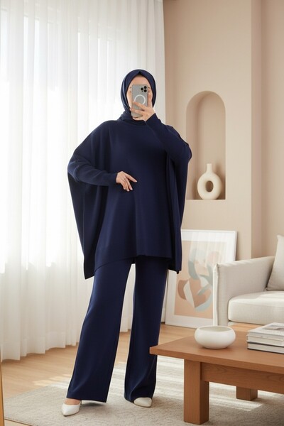 Modamorfo 15783 Slit Poncho Sweater - Navy Blue