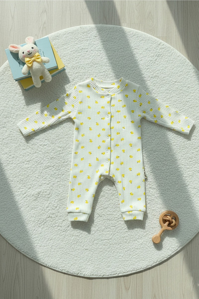 pelossi Unisex Baby Yellow Chick Patterned Corded Fabric Cotton Romper - Snap...