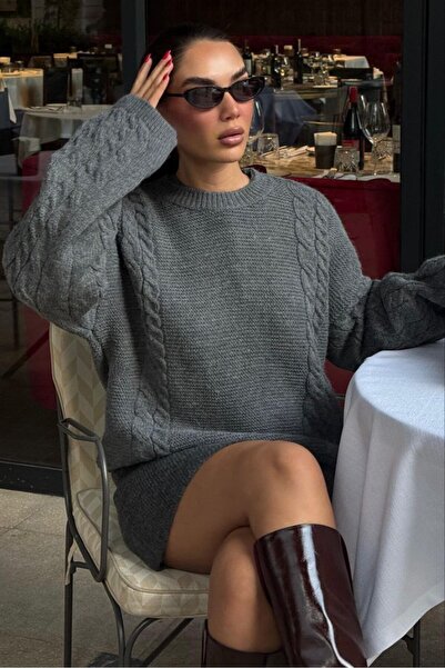 Madmext Koyu Gri Bisiklet Yaka Örgü Desen Kadın Triko Kazak MG2601