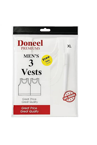 doneel Mens Sleeveless White Rib Vest With Round Neck 3pcs- XL Size