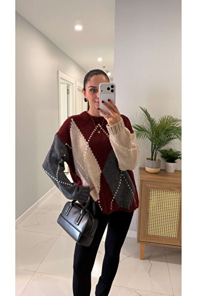 BİRCANÇİL Seronya Burgundy Antracit Tricotaj cu model Baklava