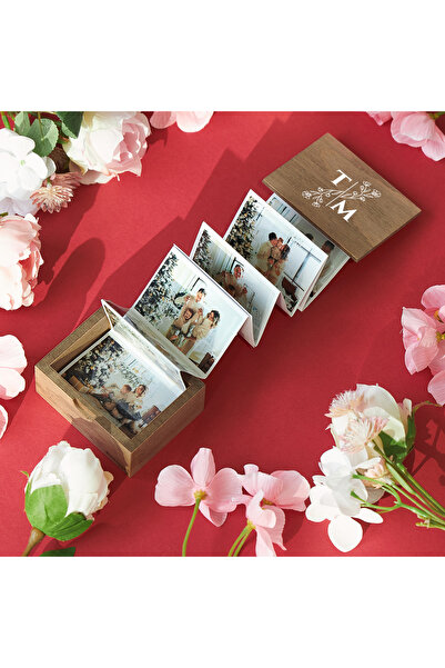 Hediyesepeti Ahşap Kapak 14 Fotoğraflı Akordiyon Fotoğraf Kutusu Harf Özelleş...