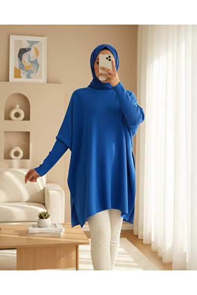 Modamorfo 15783 Slit Poncho Sweater - A. Cobalt
