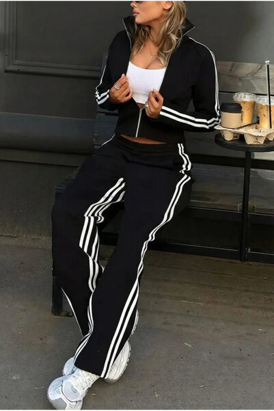 Butik Kadın Uzun Kollu önden Fermuarlı Kısa Viskon Iki Iplik Bluz Ve Pantolon...