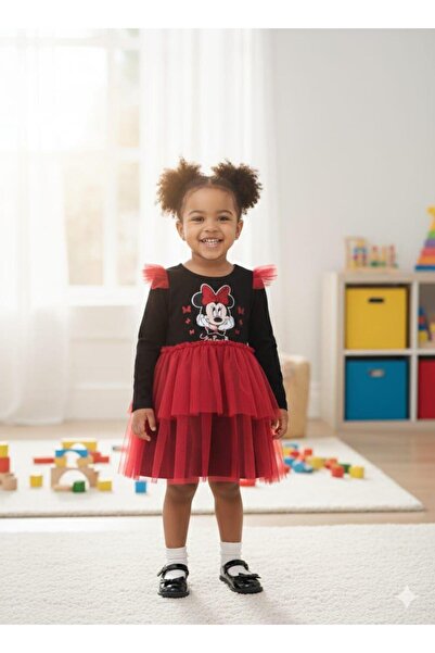 Buse&Eylül Bebe Black Tulle Long Sleeve Combed Cotton Girls' Dress