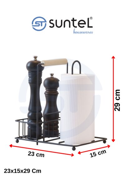 Suntel Black Metal Wooden Handle Countertop Paper Towel Holder and Spice Rack Stand