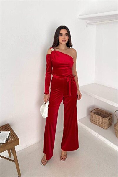 Neşeli Butik Women's Red Belted One Shoulder Velvet Fabric Jumpsuit Nbk068