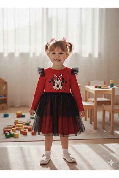 Buse&Eylül Bebe Red Tulle Long Sleeve Combed Cotton Girls' Dress