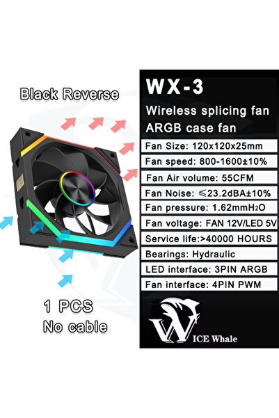 Choice6 مروحة توصيل لاسلكية ICE Whale WX-3 بتقنية ARGB، لون أسود معكوس، قطعة ...