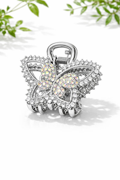 cityvision مشبك شعر معدني بلون فضي بتصميم فراشة حجرية 4 سم