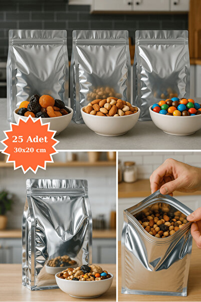 Plas+Plus Kilitli Metalize Flat Bottom Kahve Kuruyemiş Bakliyat Kedi Kumu Yem...