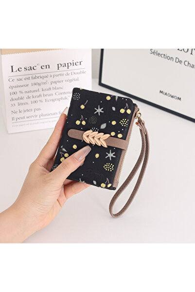 rinkadoll Minimalist Elegance: Small Zippered Card Holder Wallet with Leaf Bu...