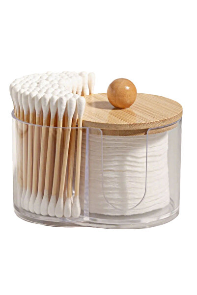 Choice منظم أعواد قطنية شفاف 2 في 1 بغطاء من الخيزران، ذو قسمين لتوفير المساح...